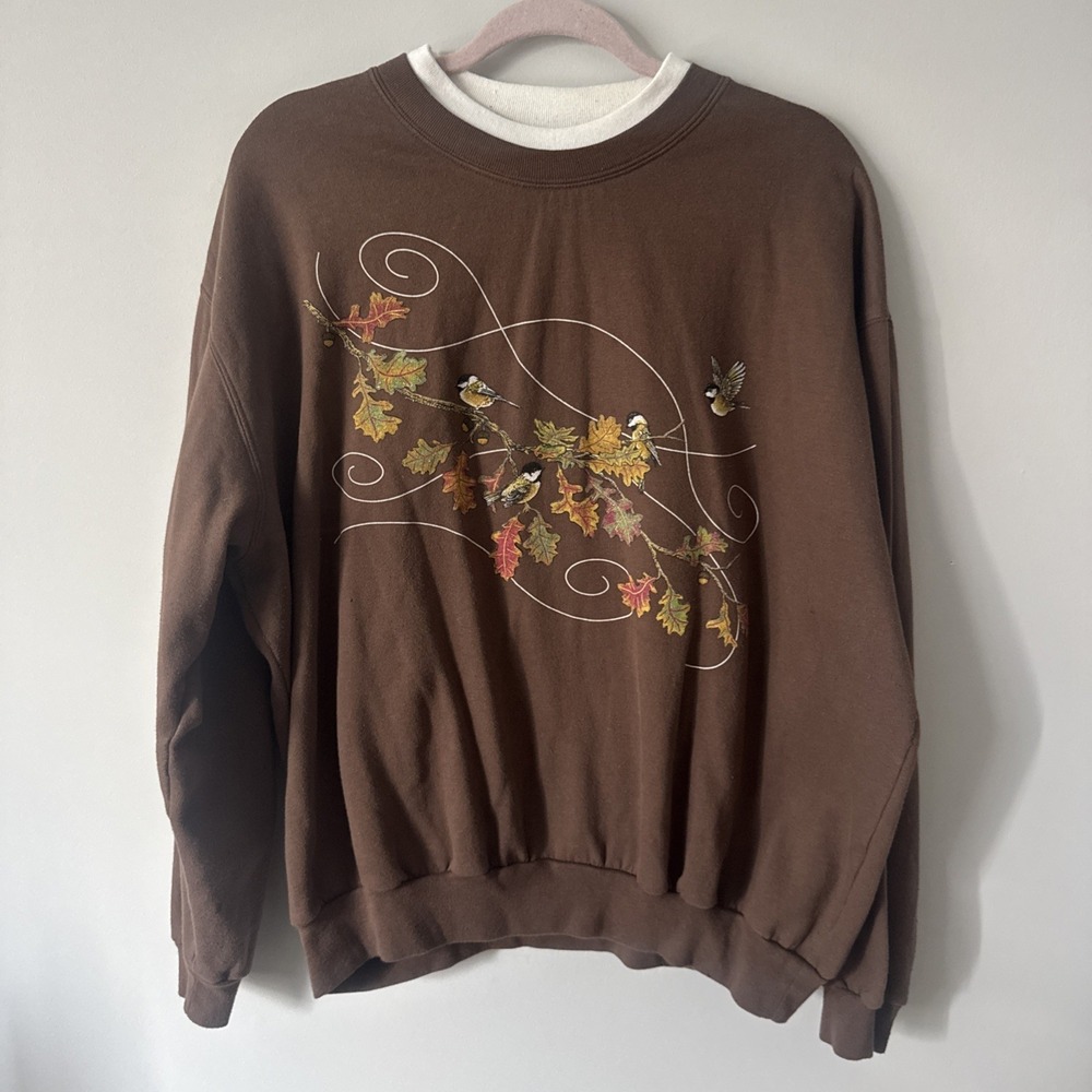 Decorated Originals‎ Crewneck Sweatshirt Womens 2XL Brown Fall Leaves Birds - Picture 2 of 8